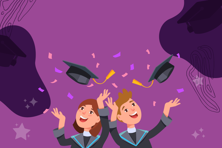 Gambar ilustrasi perayaan kelulusan dengan dua siswa melemparkan topi toga di udara, dikelilingi oleh konfeti.