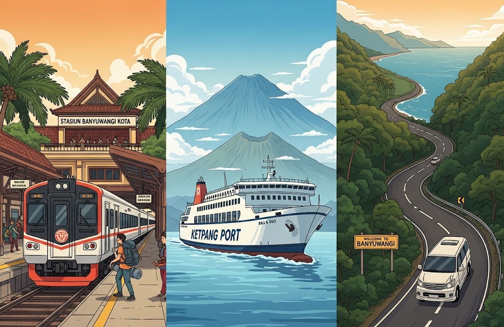 "Ilustrasi tiga panel yang menunjukkan berbagai moda transportasi ke Banyuwangi: kereta api di stasiun, kapal feri di Selat Bali, dan mobil di jalan pesisir."