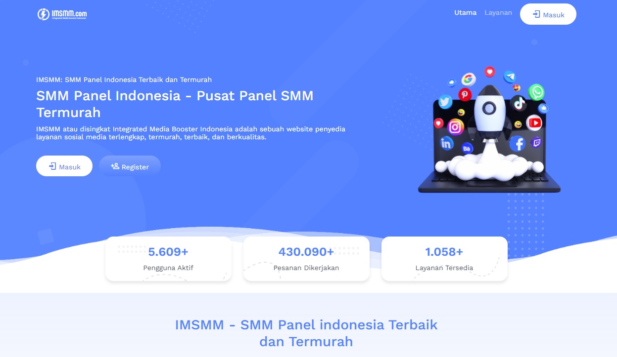 "Homepage situs IMSMM.com, penyedia layanan SMM Panel di Indonesia. Terdapat ilustrasi roket dan ikon media sosial di samping statistik layanan."