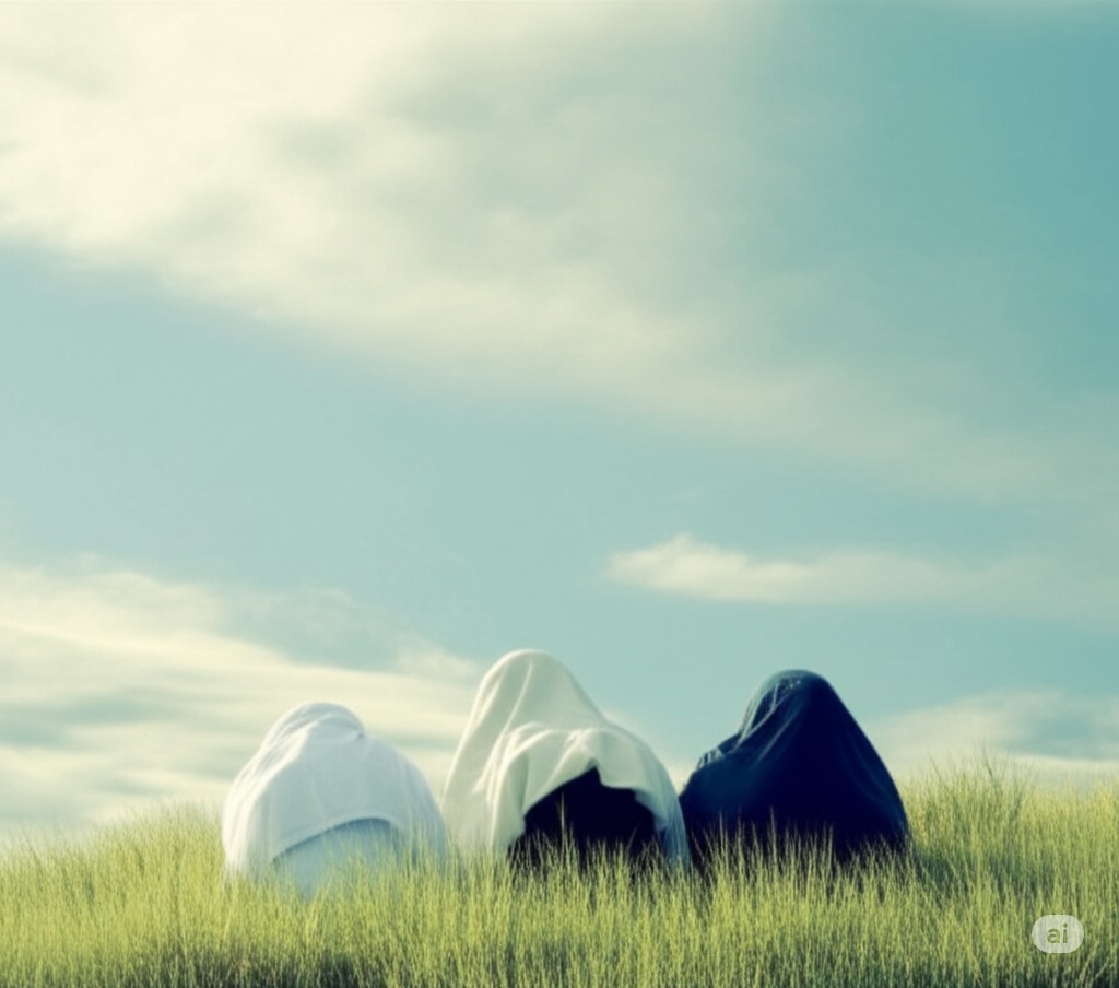 "Gambar tiga sosok tak berwajah yang mengenakan penutup kepala berwarna putih dan biru tua, sedang bersujud bersama di atas bukit berumput. Langit biru dengan awan tipis menjadi latar belakang, menciptakan suasana yang tenang dan spiritual."