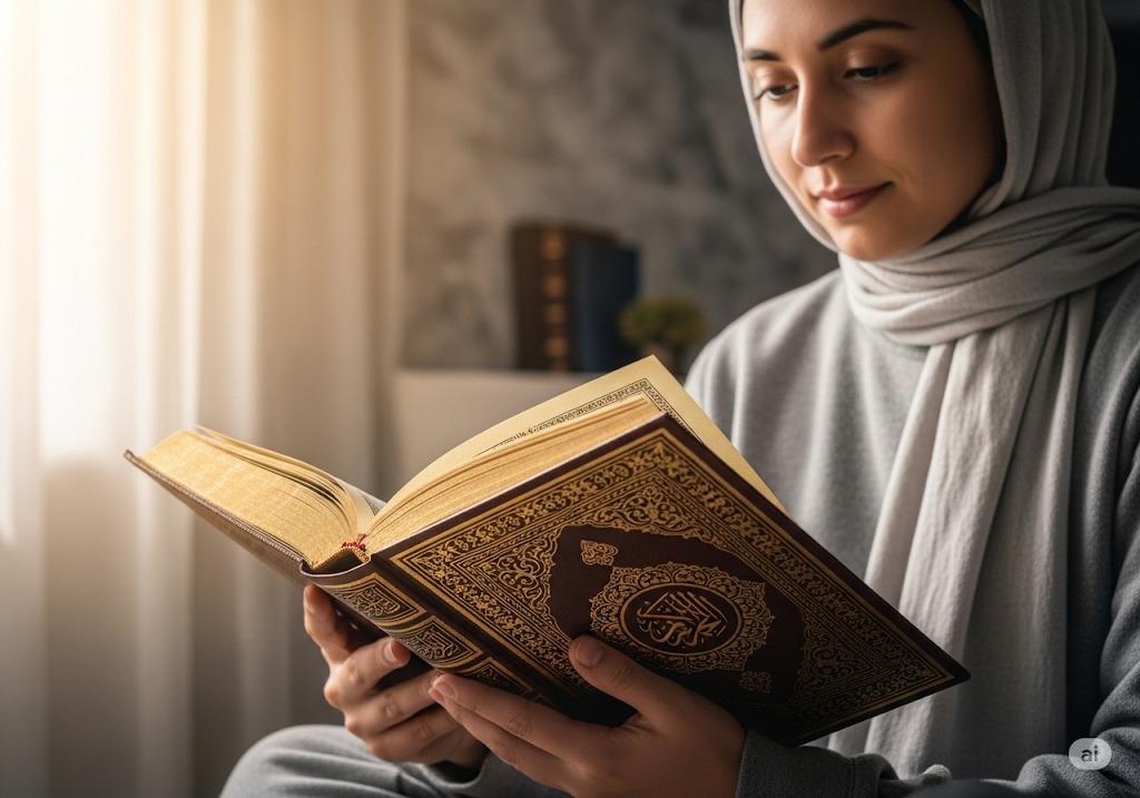 "Gambar seorang wanita berhijab yang sedang memegang dan membaca Al-Qur'an di dalam ruangan dengan pencahayaan yang hangat dan menenangkan."