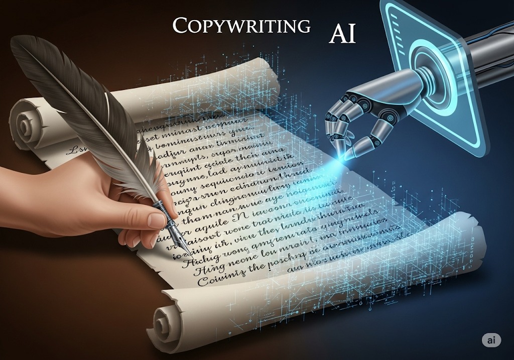 "Gambar ilustrasi yang menunjukkan tangan manusia menulis dengan pena bulu di atas gulungan kertas di satu sisi, dan tangan robot AI menulis dengan sinar laser di sisi lainnya, melambangkan perpaduan antara copywriting dan teknologi AI."