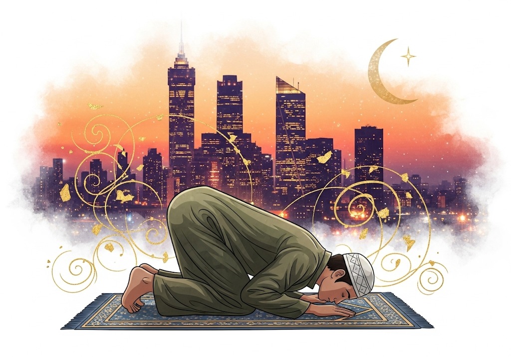 "Seorang pria sedang shalat dalam posisi sujud di atas sajadah. Di belakangnya, tampak siluet kota metropolitan saat matahari terbenam, menggambarkan harmoni antara kehidupan spiritual dan usaha duniawi."