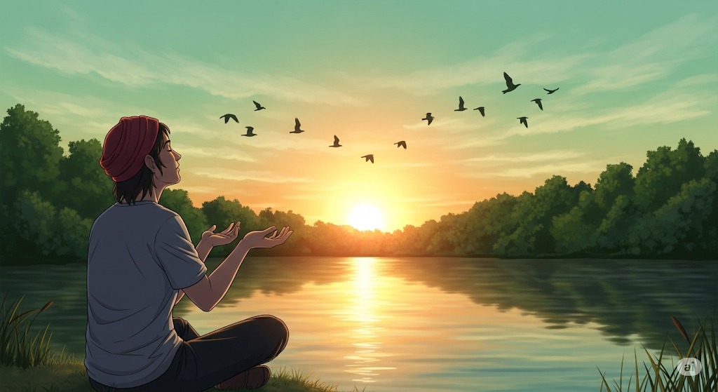 Sebuah ilustrasi bergaya semi-realistis yang menunjukkan seseorang duduk di tepi danau yang tenang. Dengan ekspresi wajah damai, ia membuka kedua tangan ke arah langit keemasan saat matahari terbenam, sementara sekawanan burung terbang di cakrawala.