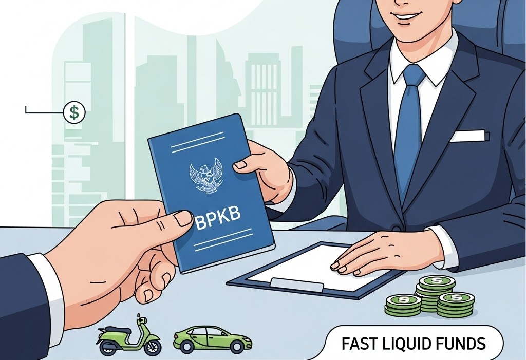 "Tangan nasabah menyerahkan dokumen BPKB berwarna biru kepada petugas keuangan di kantor. Di atas meja terdapat miniatur mobil, motor, dan tumpukan koin sebagai simbol jaminan dan dana cair."
