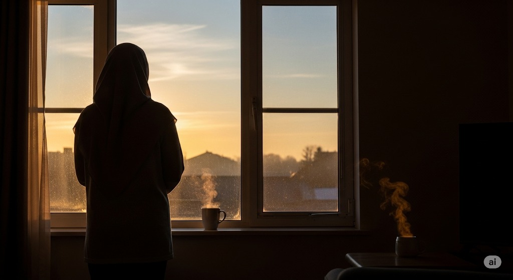 "Siluet seorang perempuan berhijab yang sedang berdiri membelakangi kamera, menatap pemandangan pagi hari dari jendela dengan secangkir minuman hangat di dekatnya."