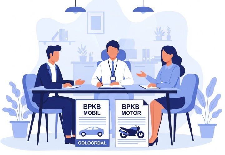 Ilustrasi pasangan sedang konsultasi pembiayaan dengan jaminan BPKB mobil dan motor di kantor keuangan.