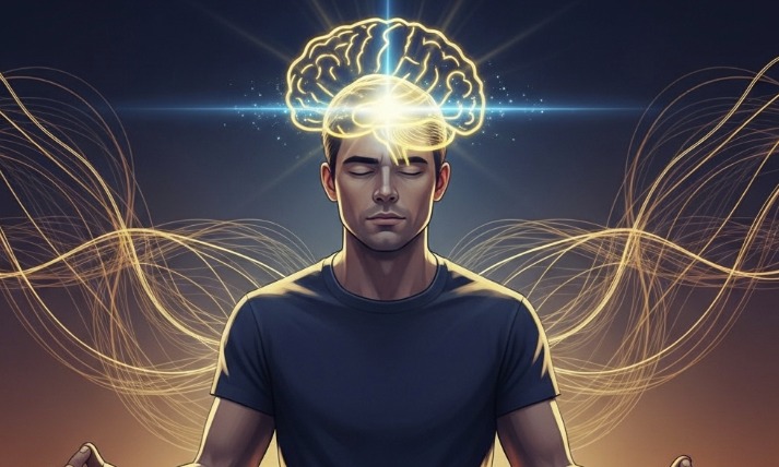 Tentu, berikut adalah alt text SEO-friendly untuk gambar tersebut: "Ilustrasi semi-realistis pria duduk bersila dalam meditasi, memancarkan cahaya biru keemasan dari kepala berbentuk siluet otak, melambangkan kekuatan mental dan fokus. Latar belakang gradasi biru-oranye dengan garis energi abstrak futuristik. Ideal untuk artikel tentang kekuatan mental, meditasi Islam, atau pengembangan diri."