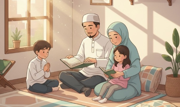 "Ilustrasi Islami keluarga Muslim mendidik anak dengan kasih sayang, ayah dan ibu mengajarkan doa dan membaca Al-Qur'an bersama anak-anak di rumah. Suasana hangat, cahaya lembut, dengan dekorasi sajadah dan rak Al-Qur'an, cocok untuk blog parenting Islami."