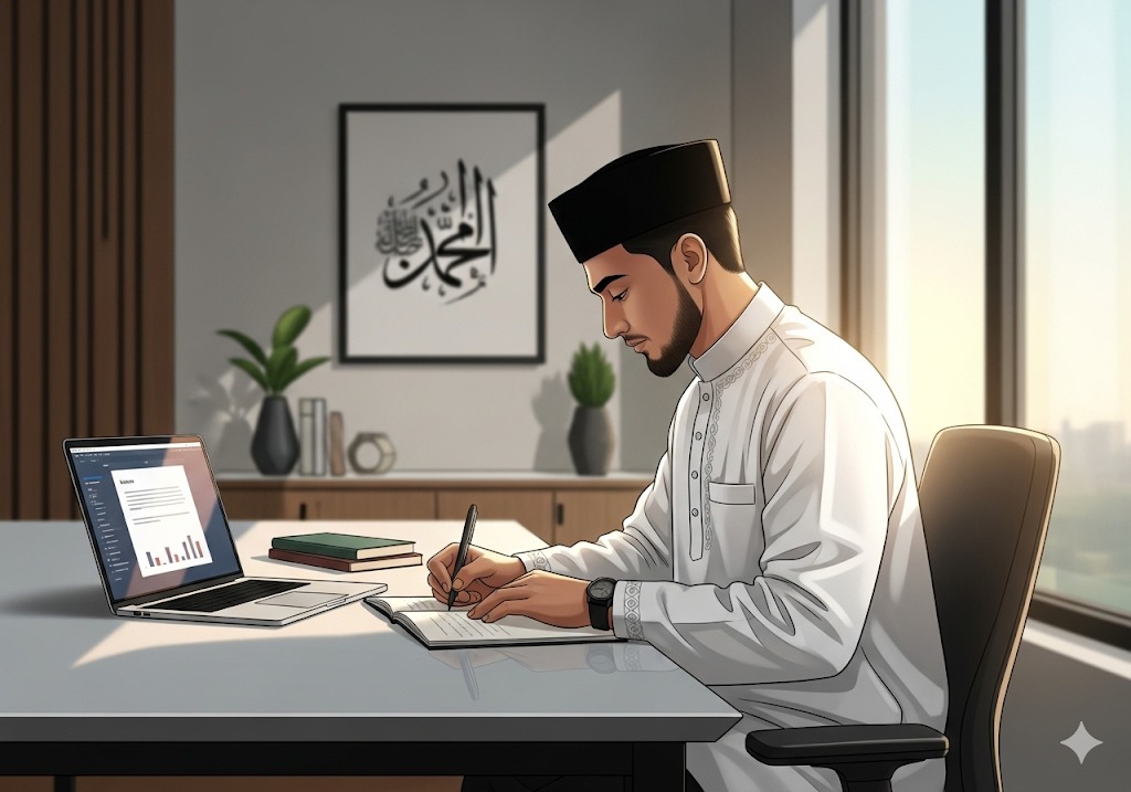 "Seorang pekerja muslim profesional sedang menulis di meja kantor modern dengan nuansa Islami yang damai."