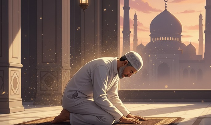 Seorang muslim pria khusyuk shalat di dalam masjid dengan kubah dan menara, diterangi cahaya lembut senja oranye keunguan yang spiritual dan damai.
