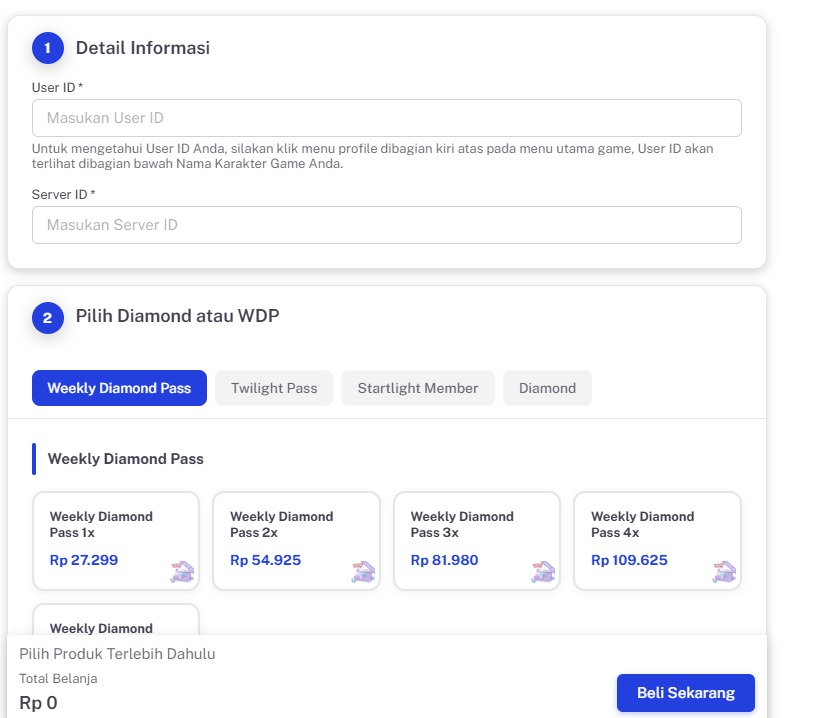 Tangkapan layar halaman top-up Mobile Legends di situs Grandvoucher. Gambar menunjukkan kolom untuk mengisi "User ID" dan "Server ID", serta berbagai pilihan paket "Weekly Diamond Pass" dengan harga dalam Rupiah.