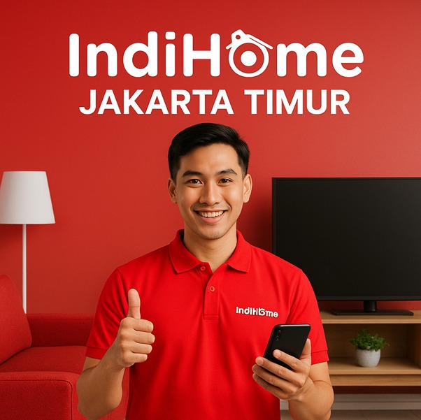 Iklan IndiHome Jakarta Timur yang menampilkan seorang petugas pria yang ramah, memberikan acungan jempol sambil memegang smartphone di dalam sebuah rumah. 