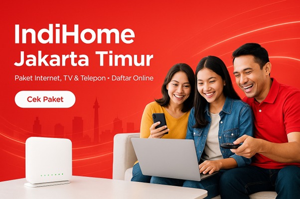 Iklan IndiHome Jakarta Timur menampilkan sebuah keluarga (ayah dan dua anak perempuan) yang tersenyum gembira saat menggunakan laptop bersama di sofa. 