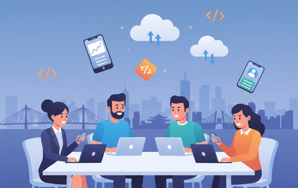 Ilustrasi tim dari sebuah software house di Surabaya yang sedang berkolaborasi dalam jasa pembuatan aplikasi mobile berbasis cloud.