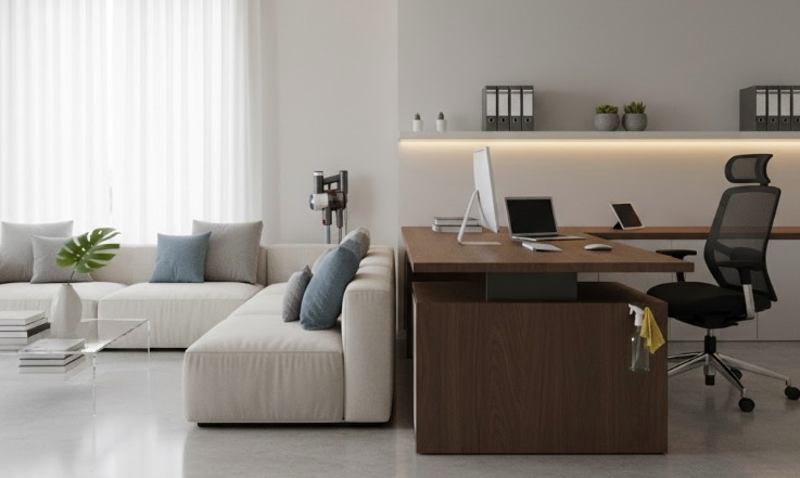 Ruang tamu dan kantor modern yang bersih dan rapi dalam satu ruangan.