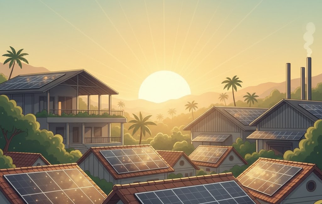 Ilustrasi transisi energi surya di Indonesia, menampilkan panel surya di atap rumah dan industri dengan latar matahari terbit.