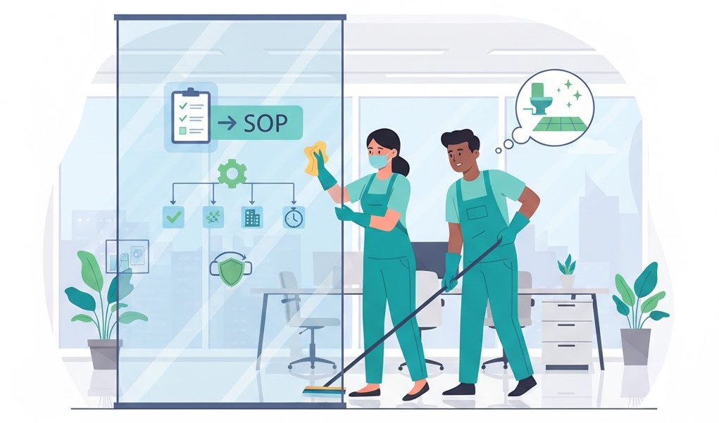 Ilustrasi petugas cleaning service mengikuti SOP kebersihan di kantor modern.