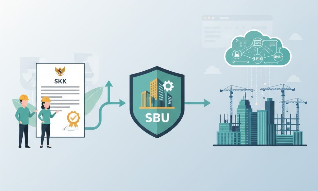 Ilustrasi modern alur proses pengurusan SKK dan SBU untuk legalitas konstruksi.