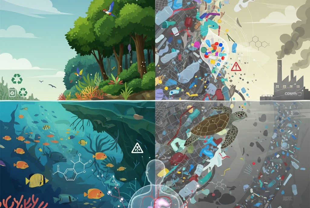 Ilustrasi modern dampak krisis sampah plastik terhadap ekosistem darat dan laut, serta ancaman mikroplastik bagi kesehatan.
