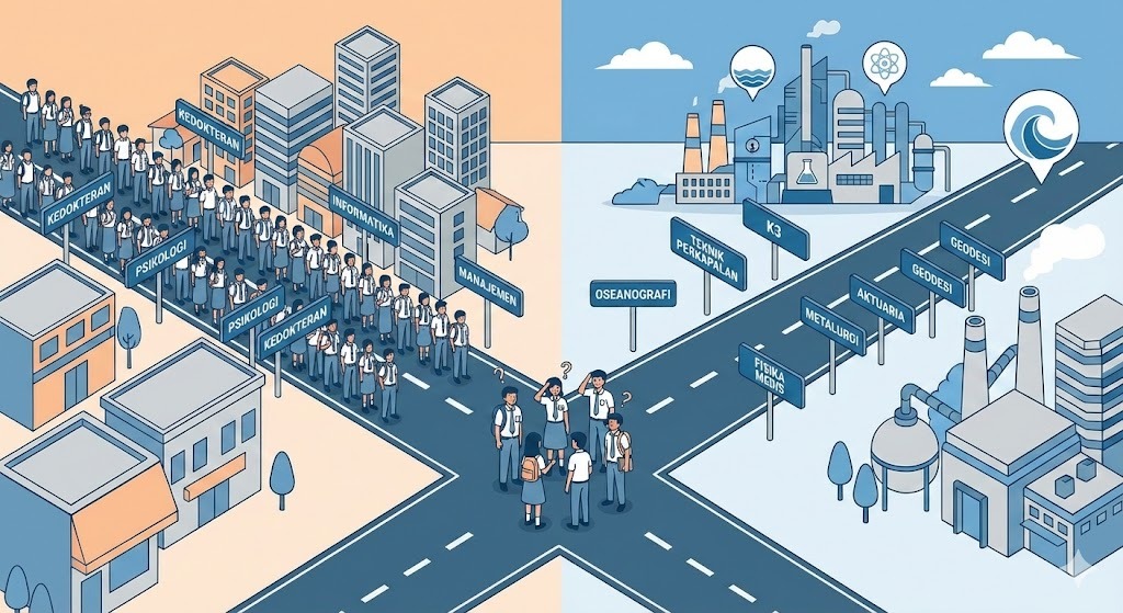 Ilustrasi siswa SMA di persimpangan jalan memilih antara jurusan kuliah populer yang padat dan jurusan hidden gem berprospek masa depan.