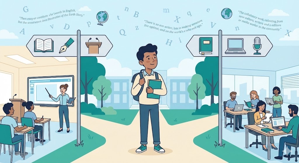 lustrasi mahasiswa di persimpangan jalan memilih jurusan antara Pendidikan Bahasa Inggris (guru di kelas) dan Sastra Inggris (karir kreatif dan media).