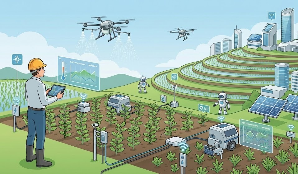 Ilustrasi smart farming futuristik menampilkan insinyur teknik pertanian memantau lahan dengan drone, robot otomatis, dan teknologi IoT."
