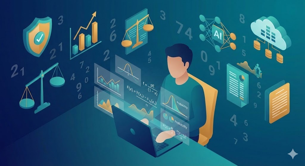 Ilustrasi aktuaris modern bekerja dengan analisis data, grafik keuangan, dan teknologi AI.