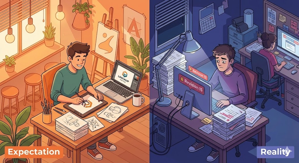 lustrasi digital ekspektasi vs realita mahasiswa DKV: suasana santai menggambar estetik versus sibuk revisi desain saat deadline malam hari."