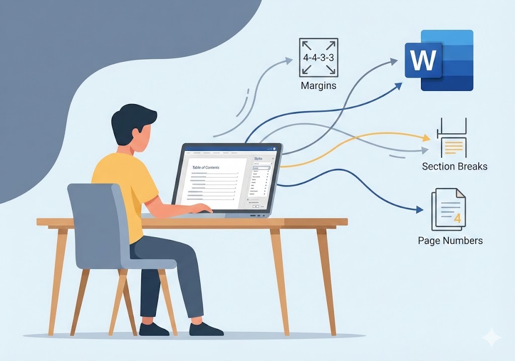 ilustrasi vektor mahasiswa mengatur format skripsi di microsoft word dengan ikon margin 4433 dan daftar isi otomatis