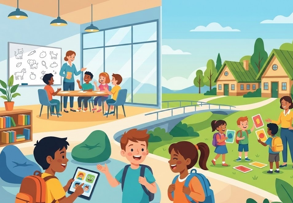 ilustrasi anak anak belajar di program liburan bahasa inggris dengan metode menyenangkan dan edukatif