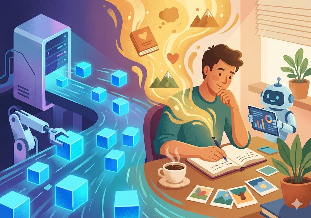 ilustrasi blogger manusia menulis kreatif dibantu robot asisten kontras dengan mesin server ai pembuat konten data massal otomatis