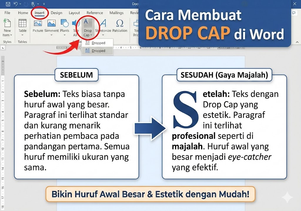 ilustrasi cara membuat drop cap di word untuk huruf awal besar ala majalah dengan menu insert