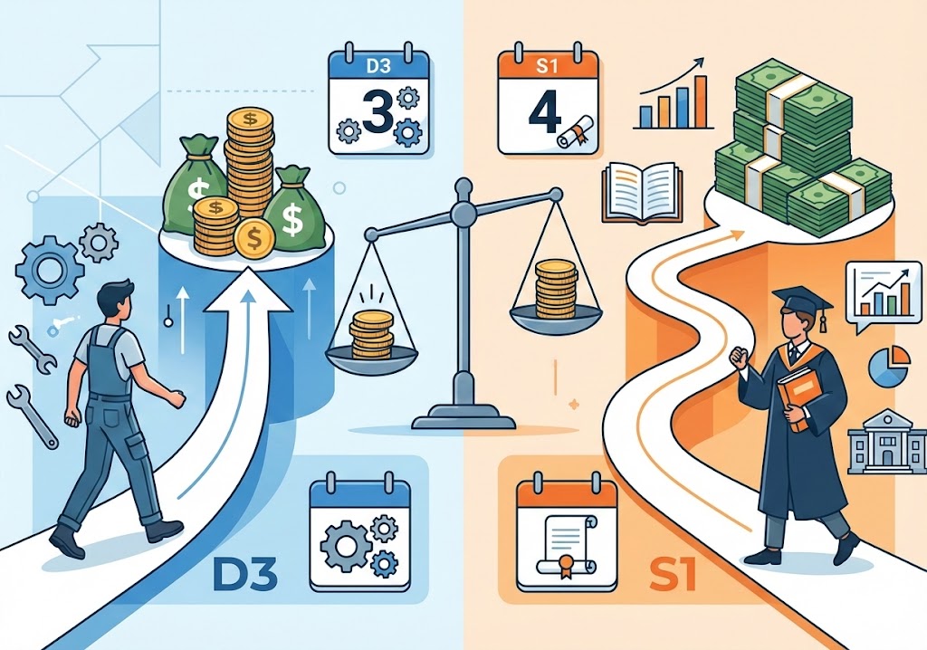 ilustrasi infografis perbandingan jalur karir biaya dan kecepatan balik modal antara kuliah D3 dan S1