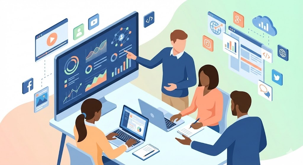 ilustrasi mahasiswa jurusan ilmu komunikasi sedang analisis data dan strategi media digital untuk membantah mitos sekadar modal ngomong