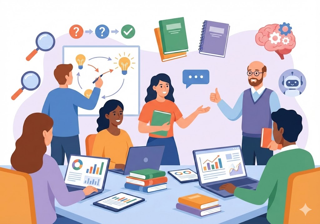 ilustrasi mahasiswa konsultasi judul skripsi dengan dosen pembimbing agar cepat di acc