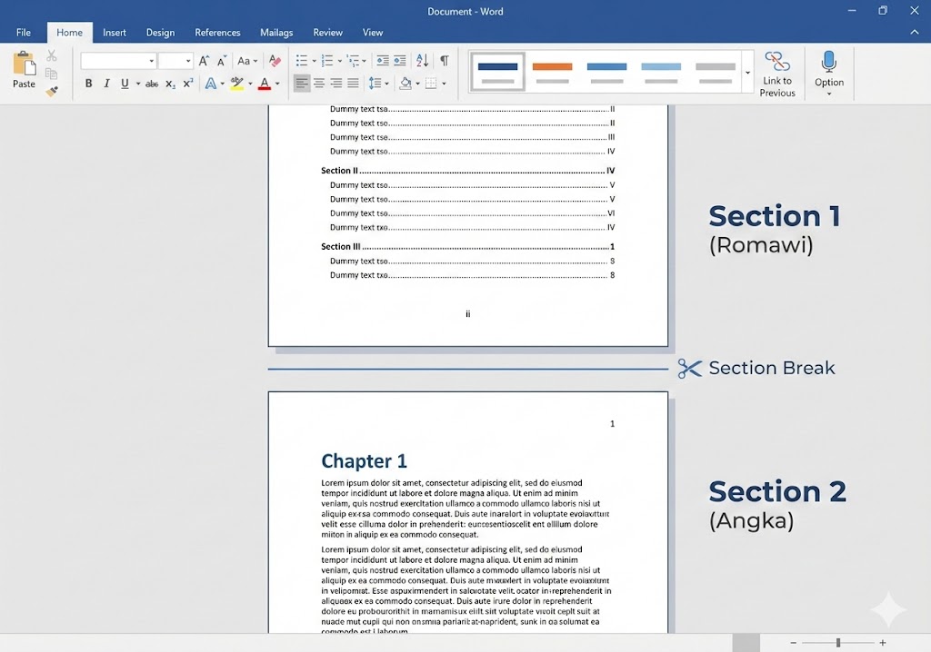 ilustrasi microsoft word penggunaan section break untuk membuat nomor halaman berbeda format romawi dan angka dalam satu dokumen