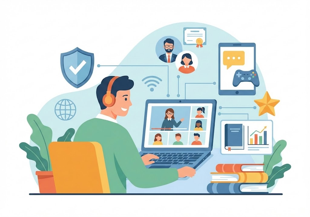 ilustrasi modern siswa belajar kursus bahasa inggris online di laptop untuk artikel tips memilih lembaga les terbaik