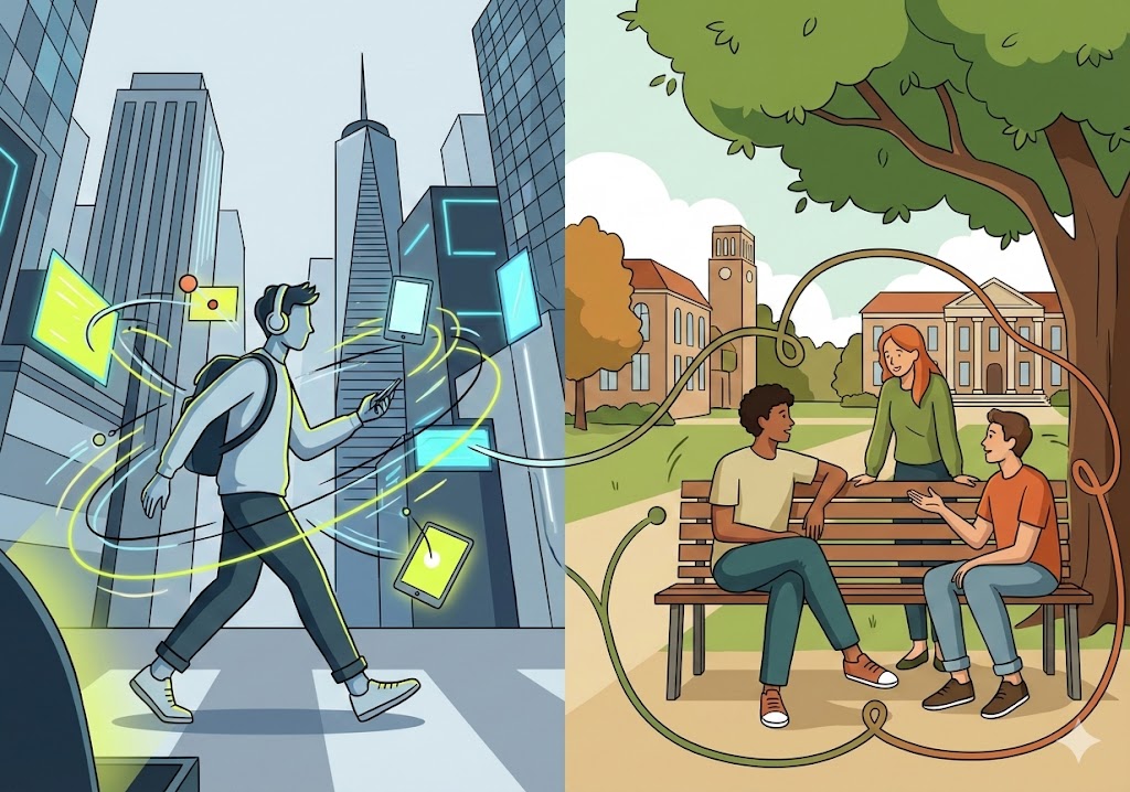 ilustrasi perbandingan gaya hidup mahasiswa di kota besar metropolitan yang sibuk versus kota kecil pelajar yang santai dan pengaruhnya pada interaksi sosial