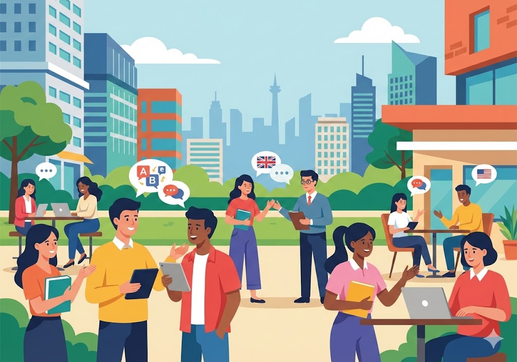 ilustrasi suasana belajar modern dan interaktif di kampung inggris bekasi dekat jakarta untuk profesional dan pelajar