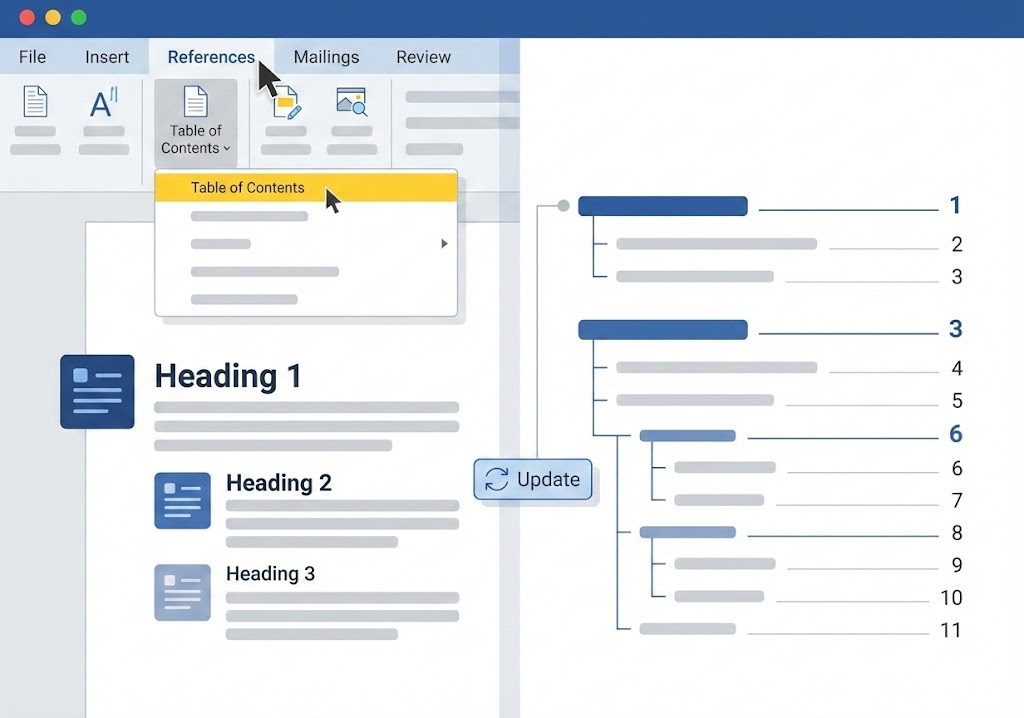 ilustrasi vektor cara membuat daftar isi otomatis di microsoft word menggunakan menu references dan heading styles yang rapi