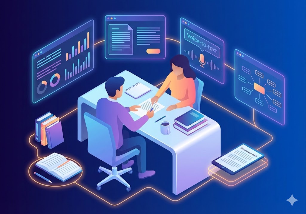 ilustrasi vektor modern mahasiswa menggunakan tools ai untuk mempercepat pengerjaan skripsi dan riset akademik secara efisien