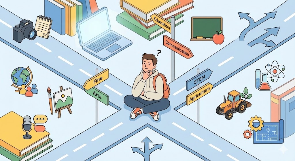 Ilustrasi mahasiswa bingung salah jurusan kuliah di persimpangan jalan dengan ikon jurusan seni, komunikasi, pendidikan, dan teknik.