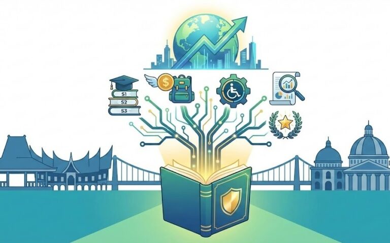 ilustrasi vektor konsep beasiswa unggulan menampilkan buku terbuka pohon sirkuit ikon pendidikan inklusivitas prestasi serta arsitektur indonesia dan dunia