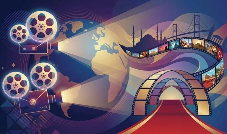 ilustrasi modern festival film global dengan proyektor dan ikon kota istanbul