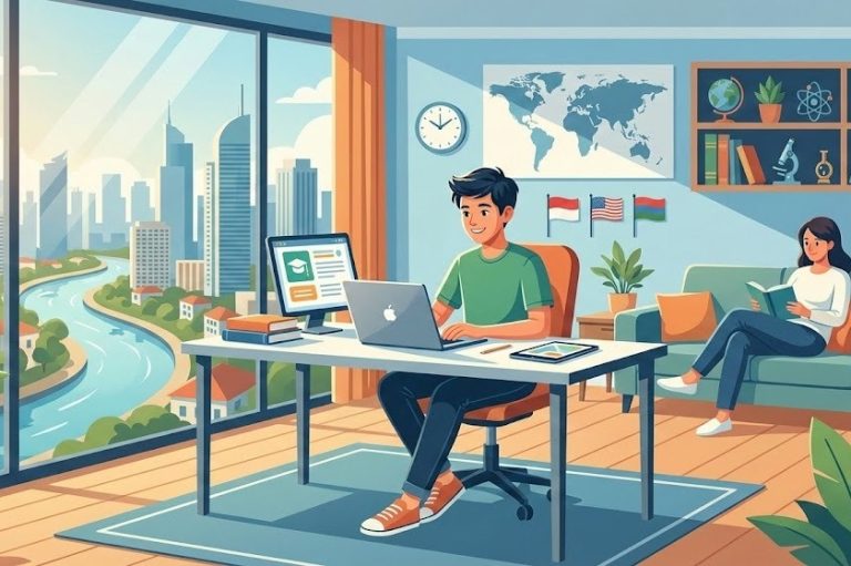 siswa international homeschooling jakarta belajar dengan laptop di rumah modern