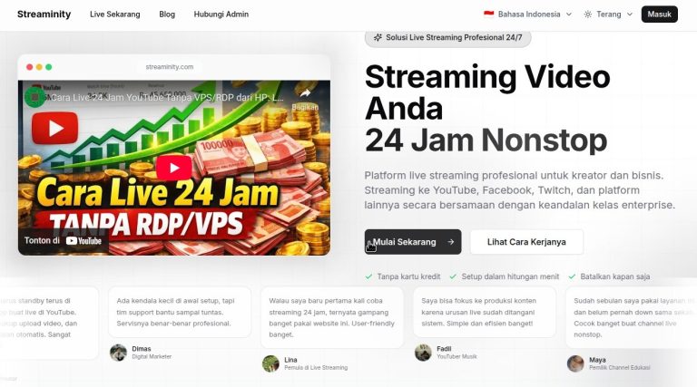halaman depan website streaminity platform live streaming 24 jam nonstop youtube facebook twitch tanpa vps rdp