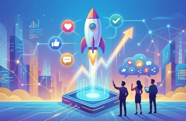 ilustrasi modern ekonomi kreatif digital branding roket meluncur ikon media sosial pertumbuhan bisnis agensi digital