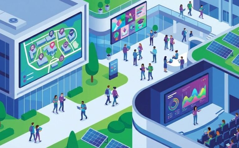 ilustrasi kampus modern dengan videotron besar dan aktivitas mahasiswa di lingkungan smart campus