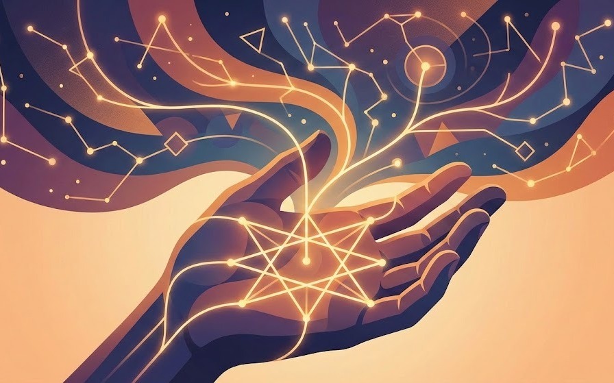 ilustrasi modern abstrak tangan memegang pola cahaya geometris oktagram yang menyebar menjadi peta kosmik melambangkan destiny matrix